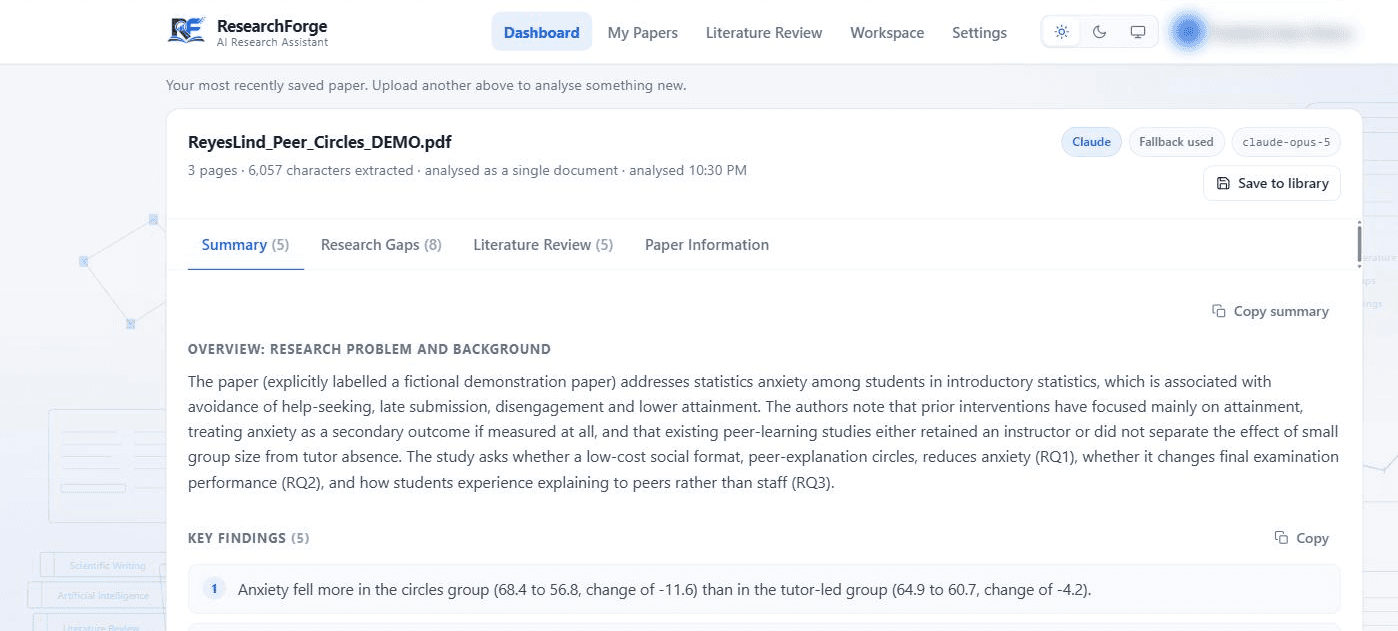 The recent-analysis card on the dashboard for the second demonstration paper, with badges reading Claude, Fallback used and claude-opus-5, a Save to library button, and the summary tab open.