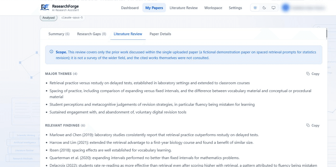 The Literature Review tab. A blue scope notice says the review covers only prior work discussed within the uploaded paper, which it identifies as a fictional demonstration paper, and that the cited works were not consulted. Below are major themes and relevant findings attributed to the authors the paper cites.