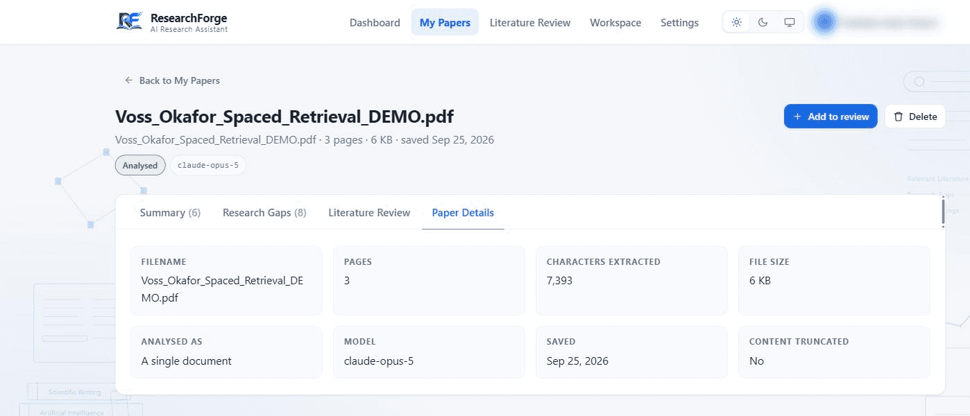 A saved paper's Paper Details tab showing filename, 3 pages, 7,393 characters extracted, 6 KB file size, analysed as a single document, model claude-opus-5, saved date, and content truncated: No.