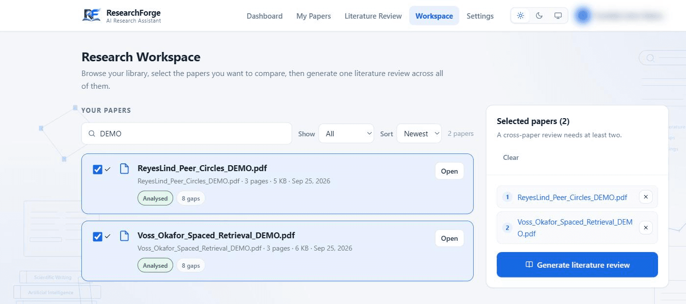 The Research Workspace. The library is filtered to the two demonstration papers, both ticked. A Selected papers panel lists them in order with remove buttons and a Generate literature review button.