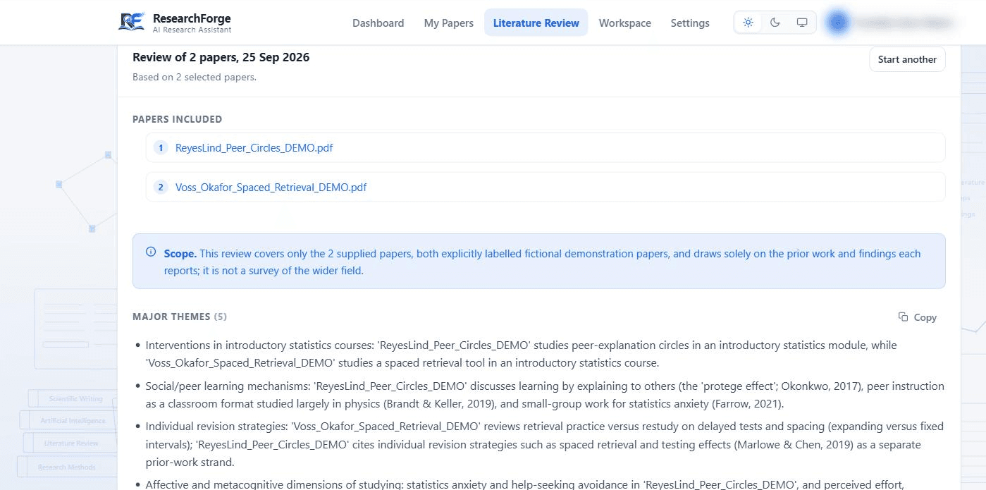 A generated cross-paper review titled Review of 2 papers, 25 Sep 2026, based on 2 selected papers. It lists the papers included, a scope notice saying the review covers only the two supplied papers, both labelled fictional, and major themes that attribute each point to the paper it came from.