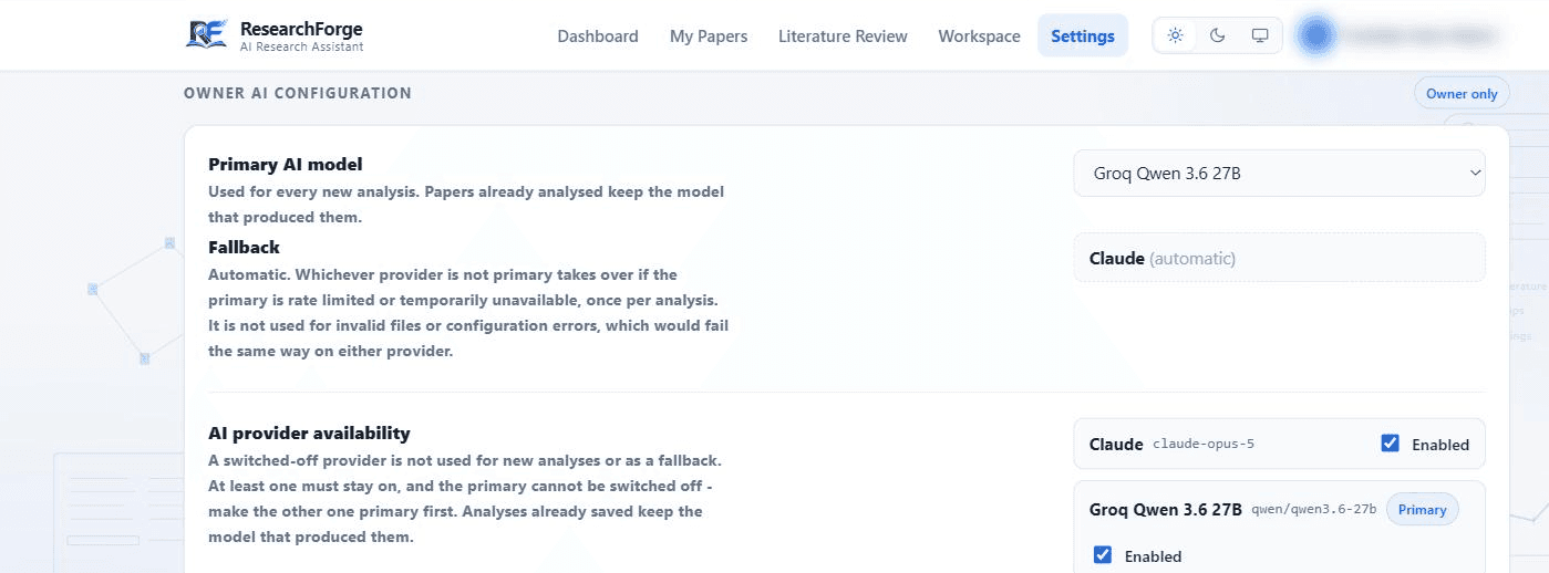 The owner-only AI configuration panel in Settings. Primary AI model is set to Groq Qwen 3.6 27B, the fallback shows Claude (automatic), and an availability list shows Claude claude-opus-5 and Groq qwen/qwen3.6-27b both enabled, with Groq marked Primary.