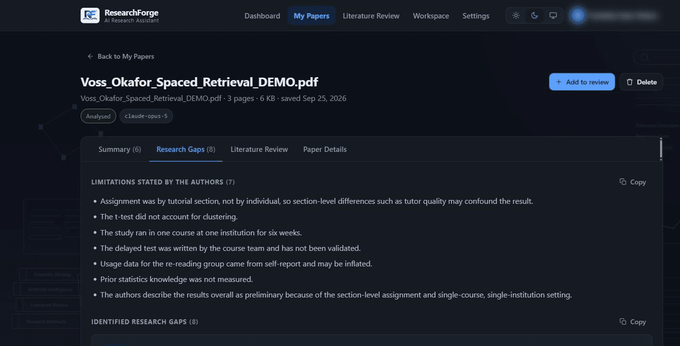 The saved paper view in the dark theme, with the Research Gaps tab open showing seven limitations stated by the authors.