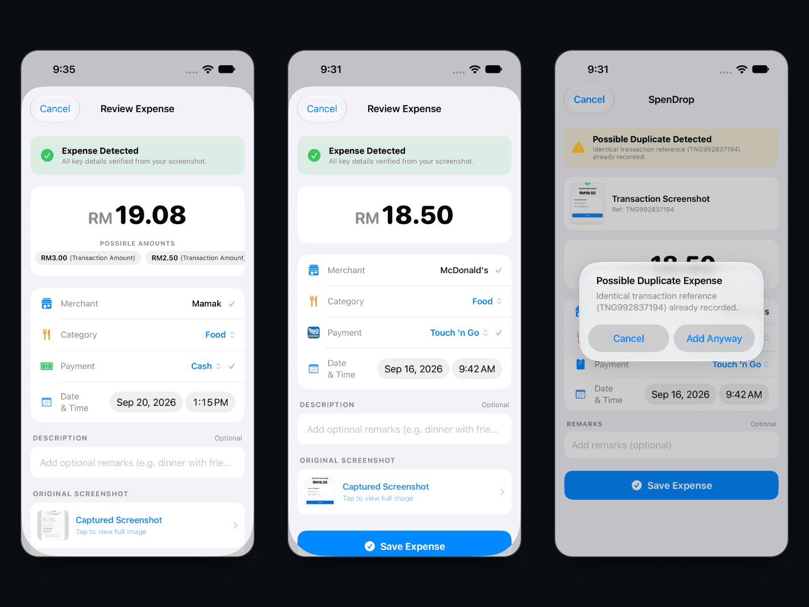 Three iPhone screenshots: a receipt review with RM 19.08 selected as the total and other amounts offered as possible amounts; the Touch 'n Go review with RM 18.50 chosen and no advertisement price offered; and a Possible Duplicate Expense alert for the same transaction reference with Cancel and Add Anyway.