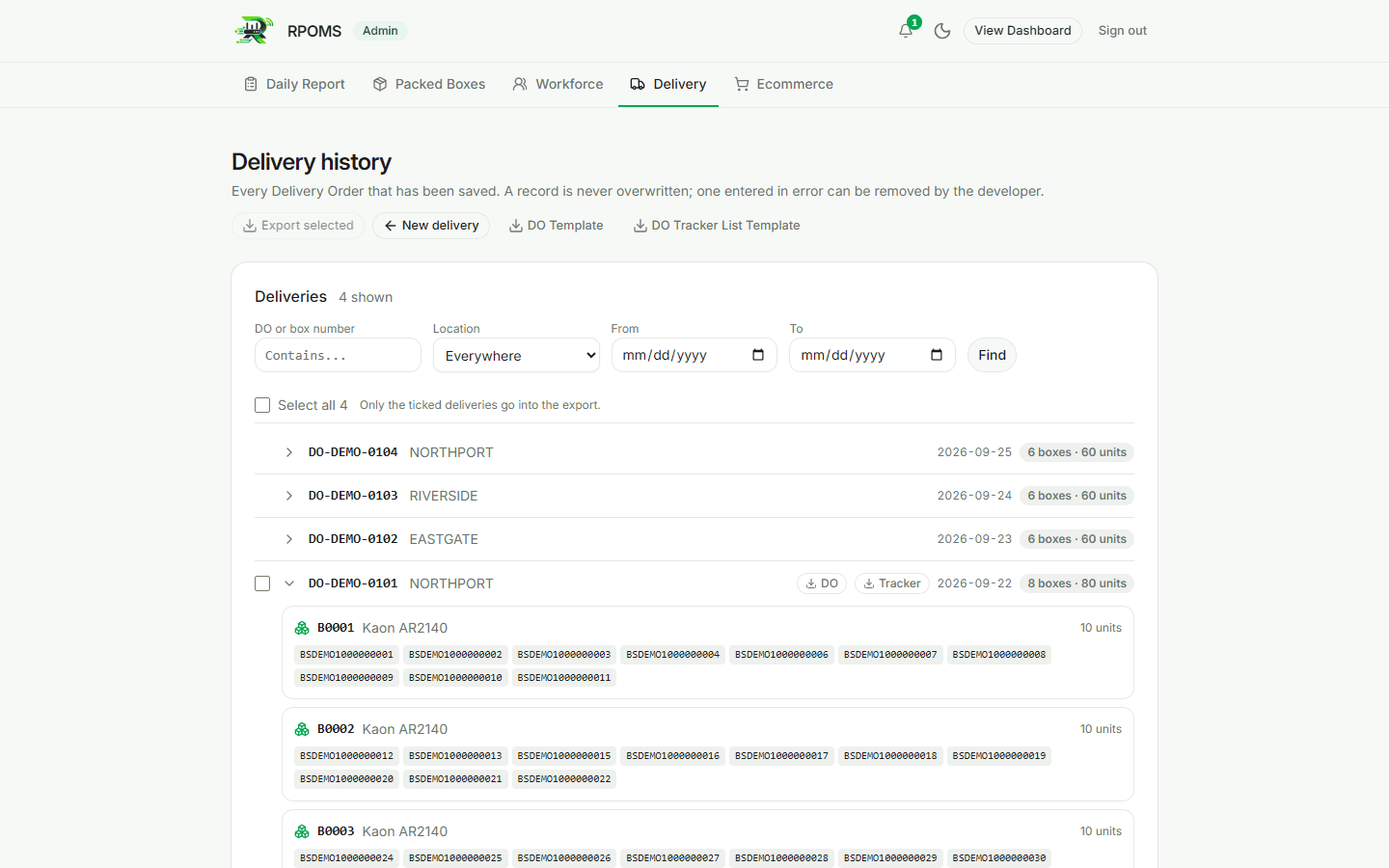 Delivery history with four demo deliveries; the oldest is expanded to show its boxes and the serial numbers inside each, with DO and Tracker download buttons.
