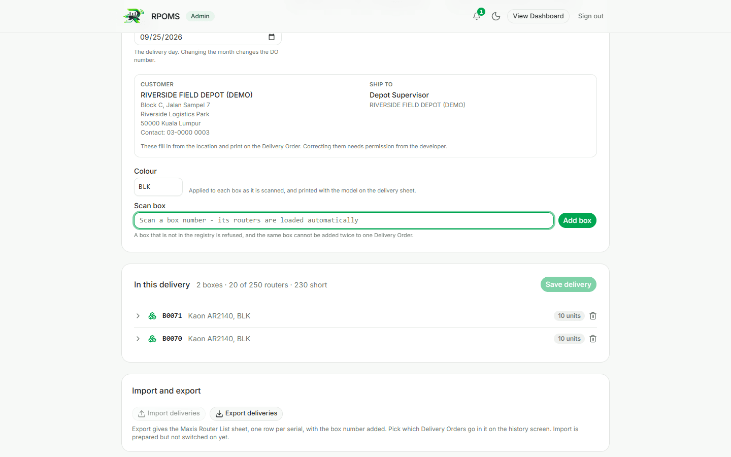 Building a delivery to a demo customer: the customer and ship-to blocks filled from stored details, two scanned boxes of 10 Kaon AR2140 routers, a status of 20 of 250 routers, 230 short, and the Save delivery button disabled.