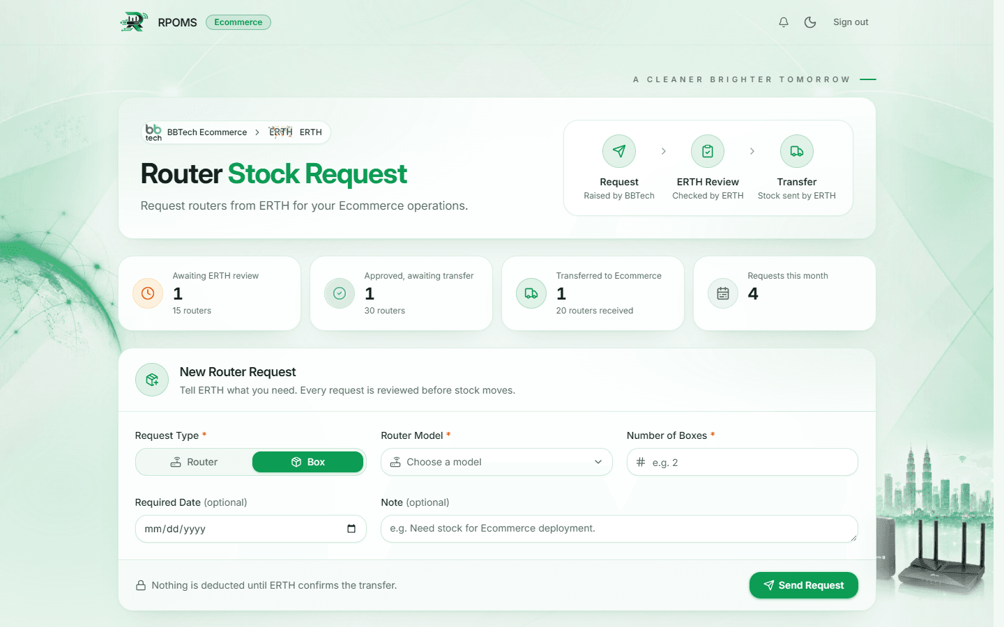 The Ecommerce portal: a Router Stock Request header with a three-step request, review, transfer strip, summary cards, a new request form, and a request history table with pending, approved, rejected and transferred demo requests.