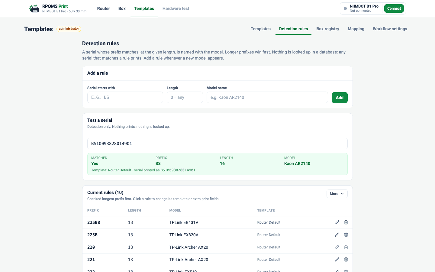 The Detection rules page: a form to add a rule with prefix, length and model name, a test field showing a serial matched to Kaon AR2140 with its prefix and length, and a table of the current rules.