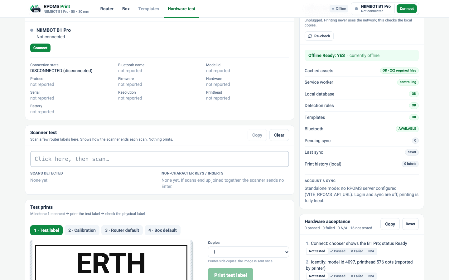 The administrator's System panel showing Offline Ready: YES, with rows for cached assets, service worker, local database, detection rules, templates, Bluetooth, pending sync and last sync, and an Offline indicator in the header.