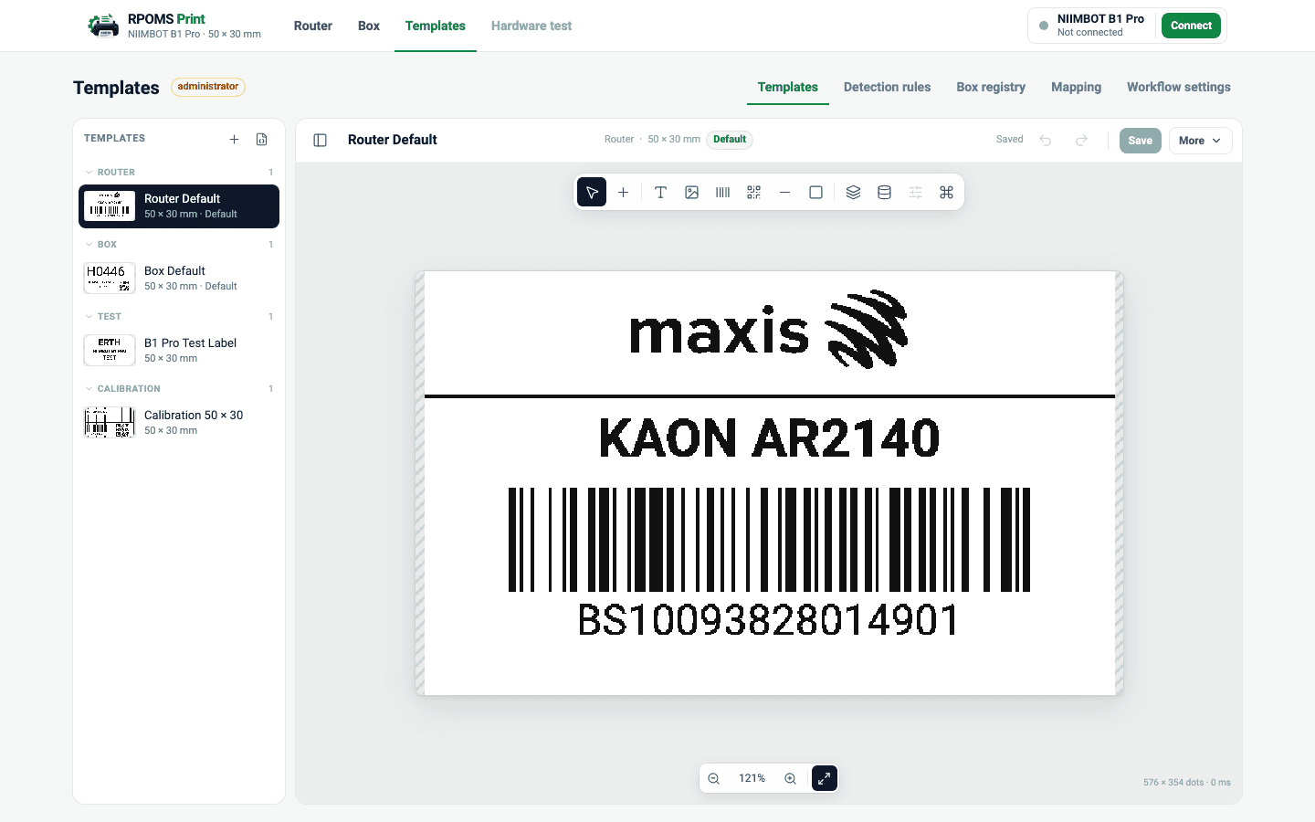 The template editor with the router label filling the canvas: Maxis logo, divider, model text, Code 128 barcode and serial text. A floating toolbar sits above the label and a zoom control below it.