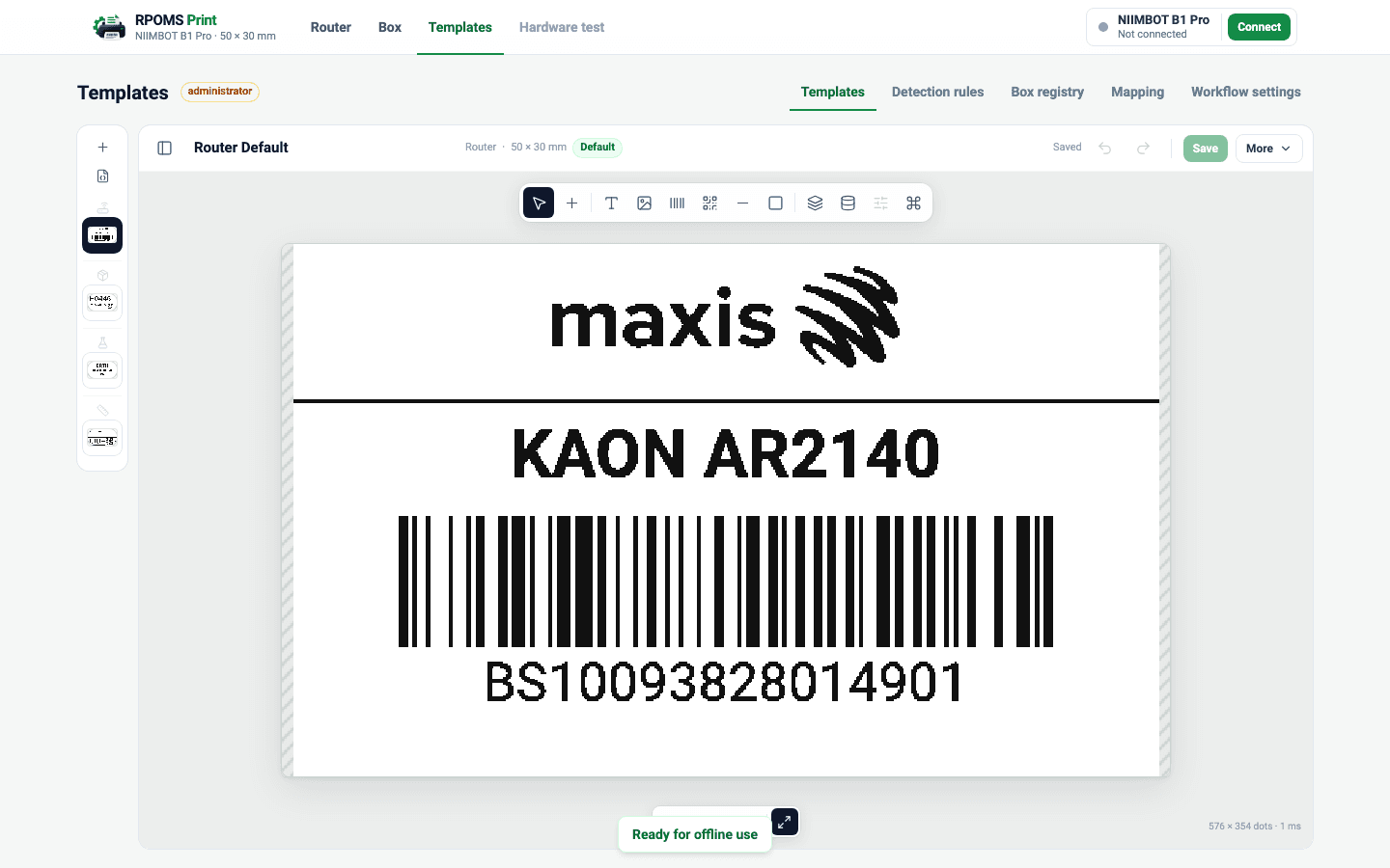 The template editor with the template list collapsed to a narrow icon rail on the left, giving the label canvas the full width.