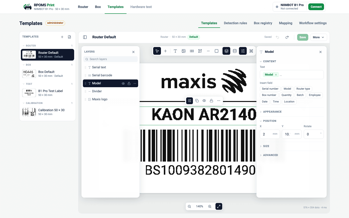 The template editor with the model text selected: a contextual toolbar with font, size, bold and alignment controls, the layers drawer open on the left, and the properties drawer open on the right showing the Model field as a chip.